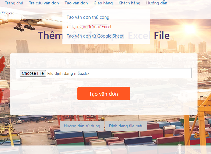 TẠO ĐƠN HÀNG HÀNG LOẠT sử dụng tính năng Upload file Excel