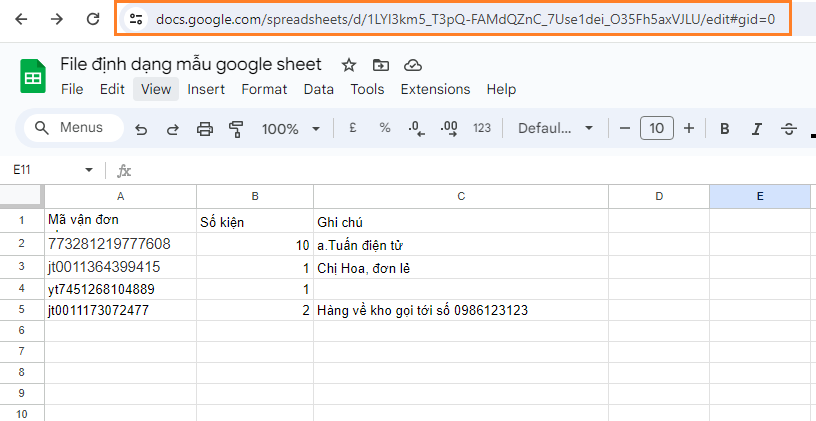 Tạo vận đơn từ Google Sheet